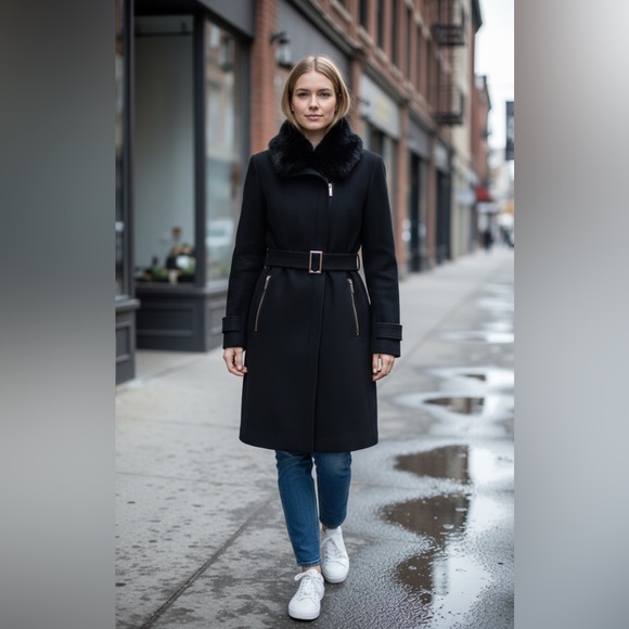 Calvin Klein Black Belted faux fur collar Coat - Picture 6 of 12